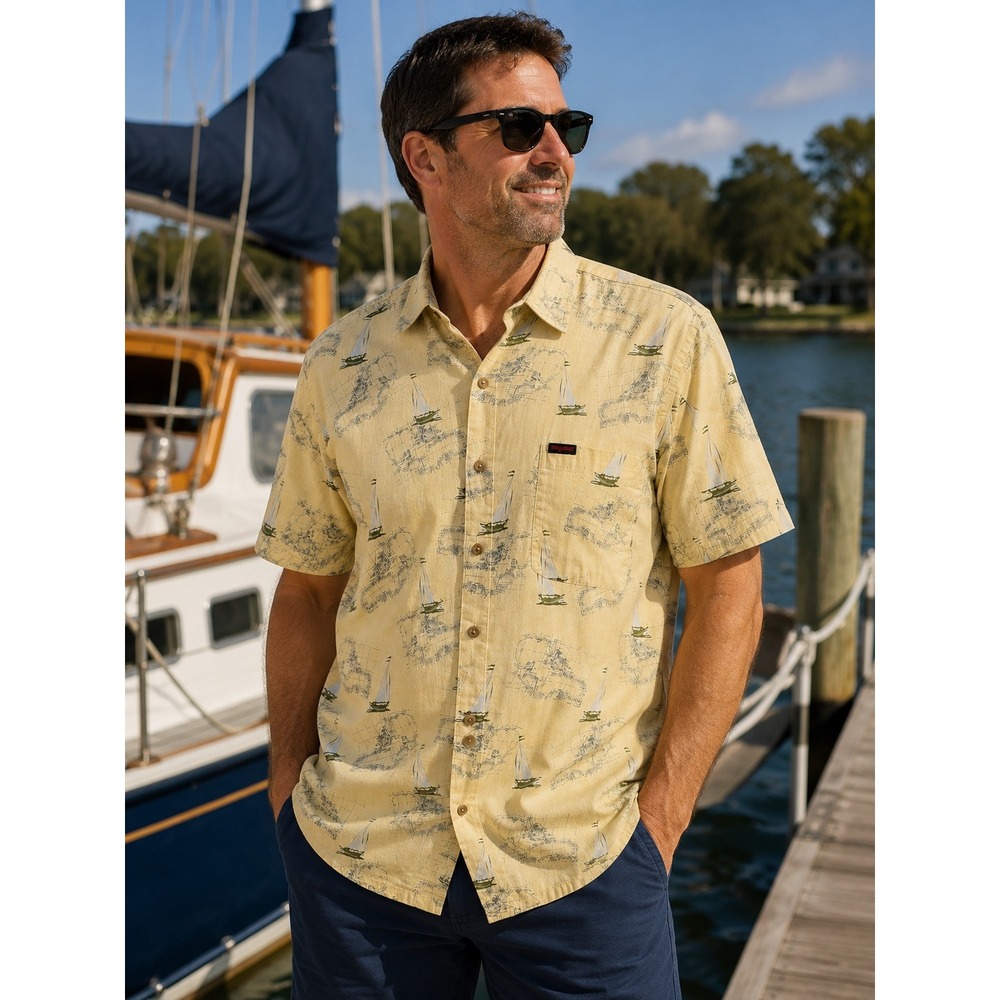 Wolverine Men M Yellow Nautical Sailboat Map Print Cotton Button Up Shirt
